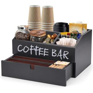 Coffee Station Organizer, Wood Coffee Bar Accessory with Drawer, K Cup Condiment Organizer & Pod Holder (30x20x16cm) - Black