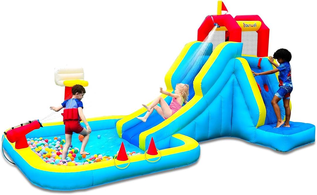 Inflatable Water Slide, Blow Up Water Slide with Climbing Wall, Water Slide for Kids Backyard with Basketball Hoop, Water Cannon and Splash Pool, 7 x 8 x 13.08 feet