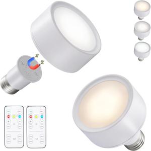 2 Pack Magnetic Battery Operated Light Bulbs with Remote Control, Cordless LED Puck Lights, Wireless Dimmable E26 Screw in AA Battery Power Bulbs for Non Electric Lamps