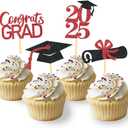 24Pcs Graduation Cupcake Toppers, Graduation Cupcake Picks for Cupcake Food Decorations - Class of 2025 Cupcake Toppers Supplies (Red)