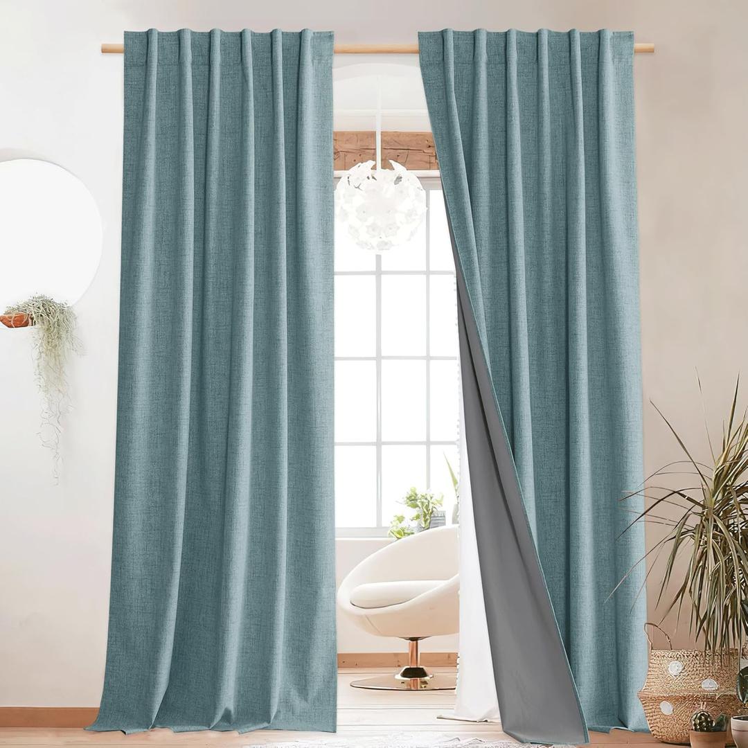 NICETOWN 100% Blackout Skylark Blue Linen Curtains 90" Length with Thermal Insulated Liners, Farmhouse Style Room Cooling Small Window Draperies for Dining Room (2 Panels, 52" W)