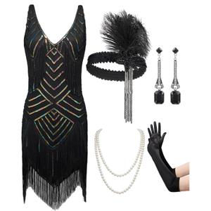 SWEETV Womens 1920s Flapper Dress,V Neck Great Gatsby Fringe Cocktail Dress with 20s Accessories Set-Roaring 20s Costume (Small, Black)