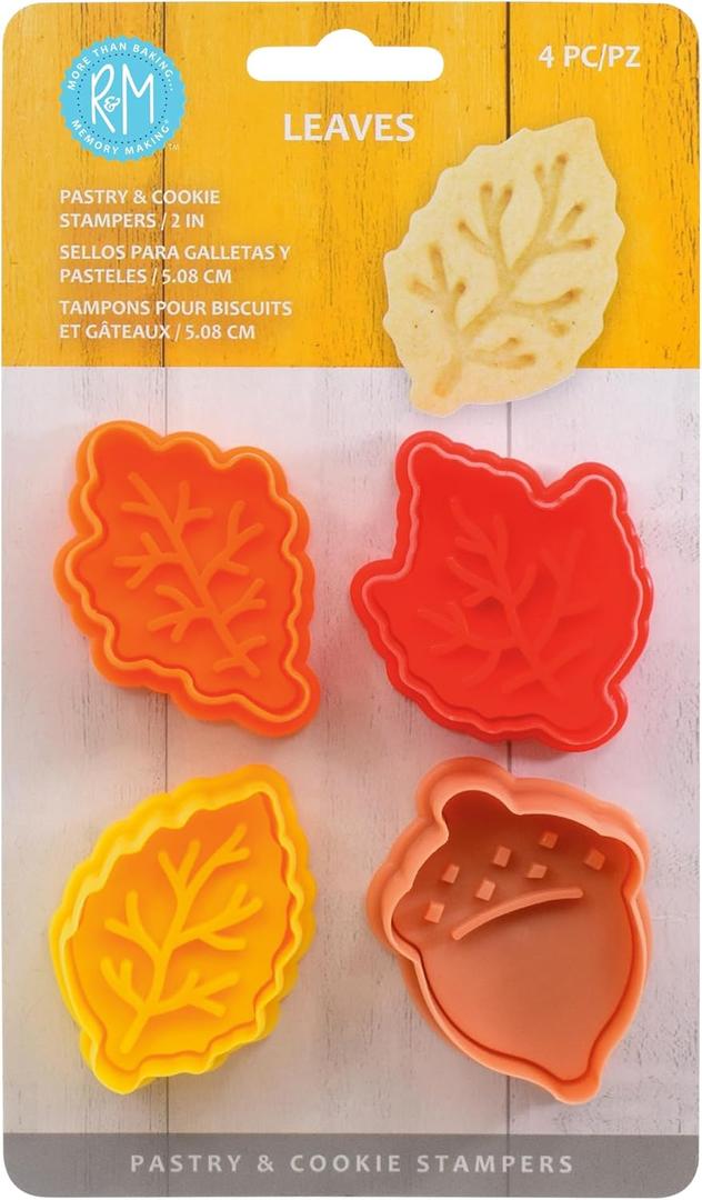 R&M Fall Leaves Collection Pastry & Cookie Cutter set of 4. Assorted Colors and Designs, Leaves, Autumn, Acorn. 2 Inches Assorted Plastic Cookie Cutters