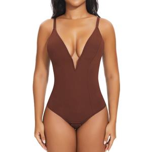 SHAPERIN Women's Deep V Neck Bodysuit Double Lined Plunge Tummy Control Shapewear Thong Body Suits Backless Cami Tank (Large, Brown)