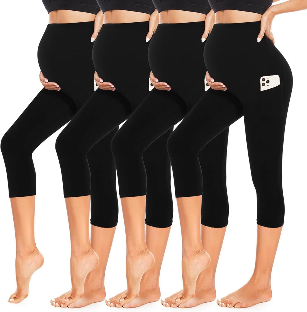 4 Pack Womens Maternity Leggings with Pockets Over The Belly Butt Lift - Soft Workout Pregnancy Yoga Pants (X-Large, 07-black/Black/Black/Black)