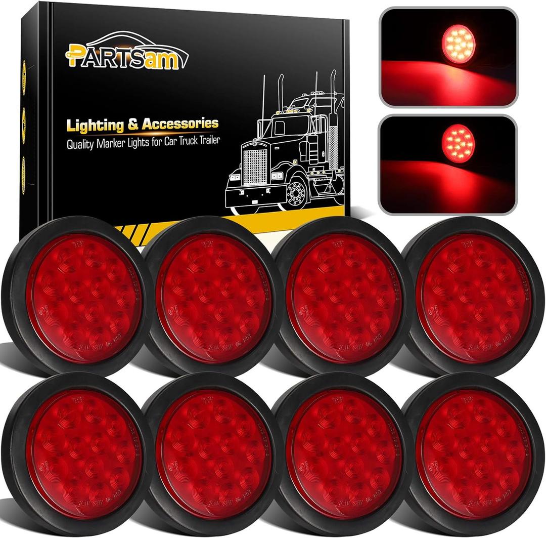 Partsam 8 Pcs 4" Round Red LED Trailer Tail Light, 4 Inch Round Led Stop Turn Tail Lights Brake Brake Trailer Lights for RV Trucks, Rubber Grommets and 3-Prong Wire Pigtails Included