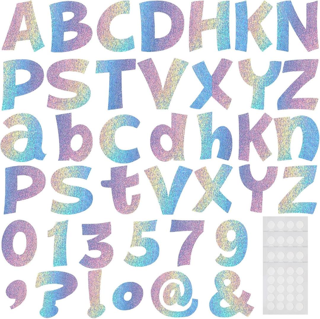 Gueevin 216 Pcs Bulletin Board Letters for Classroom 4" Numbers Alphabet Poster Board Cutouts Letters Punctuation with Adhesive Dots for Bulletin Display School Decoration (Holographic)