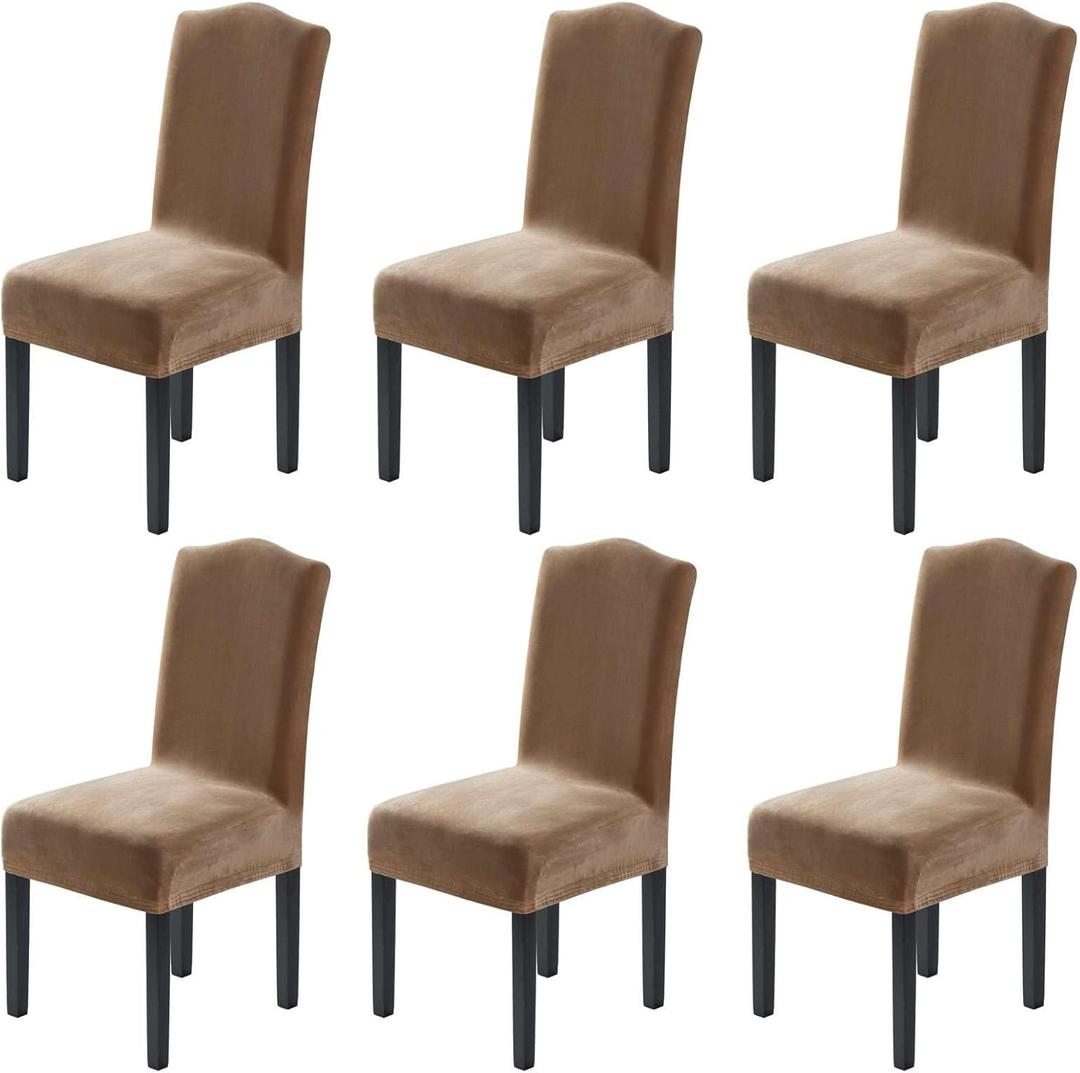 H.VERSAILTEX Velvet Dining Chair Covers Stretch Chair Covers for Dining Room Set of 6 Parson Chair Slipcovers Chair Protectors Covers Dining, Soft Thick Solid Velvet Fabric Washable, Camel