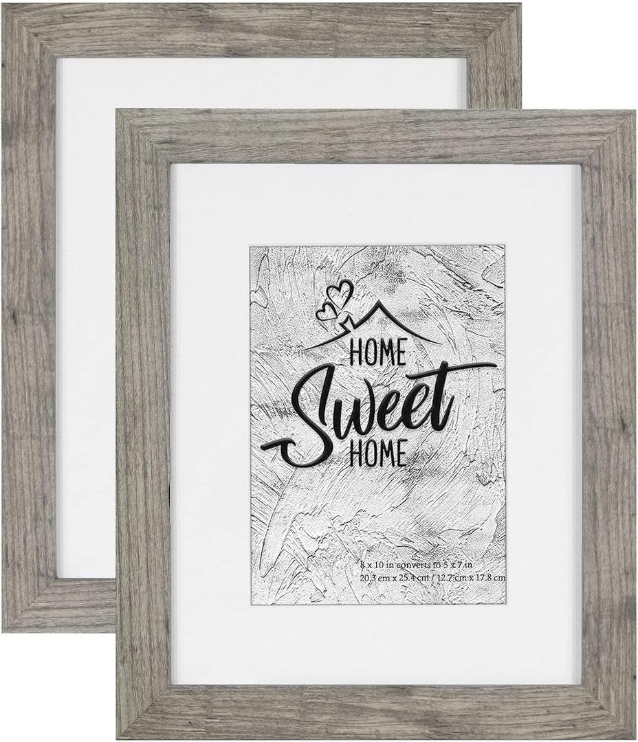 Califortree Grey Wooden 8x10 Picture Frame - Display Photos 5x7 with Mat or 8x10 Without Mat - HD Glass Inside, Horizontal and Vertical Display for Wall and Table top - Set of 2 (Gray)