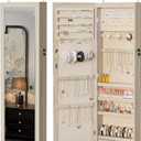 DUMOS Jewelry Armoire Cabinet with Full Length Mirror, 47.2" Tall Wall Mounted or Over the Door Jewelry Organizer with 33 Necklace Hooks, Lockable Large Capacity Jewelry Armoire with Drawers, Khaki