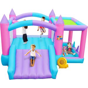 Inflatable Bounce House with Slide, 7 in 1 Jumping Castle with Blower, 143 x 148 x 78 Inch Large Bouncer, Sunshade Cover, Basketball, Ball Pit, Dart Game, 4 Players