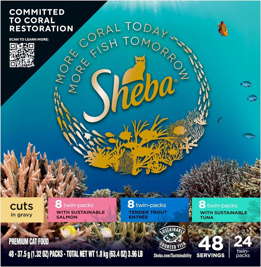 Sheba Perfect Portions Wet Cat Food Cuts in Gravy Variety Pack, with Sustainable Salmon, Tender Trout Entree, and with Sustainable Tuna, 2.6 oz. Twin-Pack Trays (24 Count, 48 Servings) Best By: 06/2027