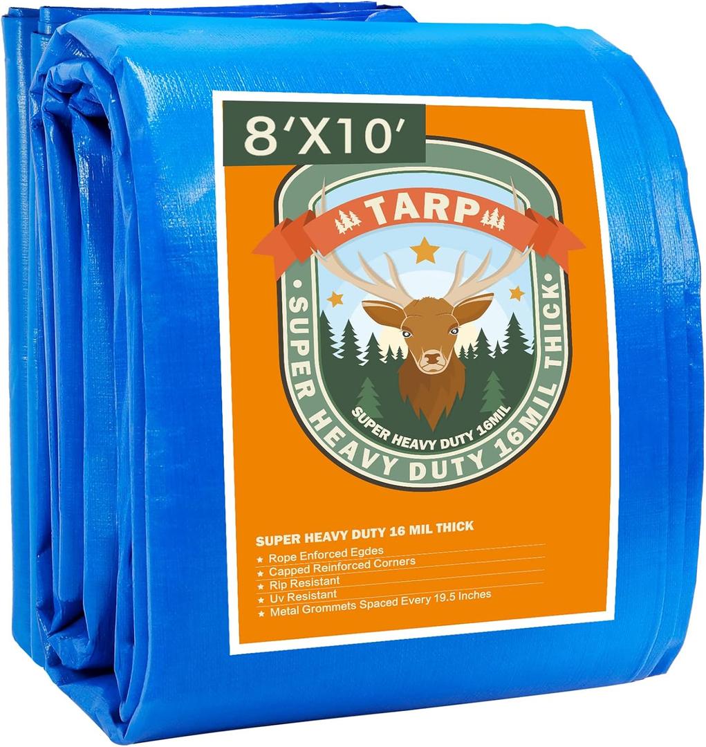 Tarps Heavy Duty Waterproof 8x10, Blue Tarp, Waterproof Plastic Poly 16 Mil Thick Tarpaulin with Metal Grommets Every 19.5 Inches - Emergency Rain Shelter, Outdoor Cover, and Camping Use, Blue