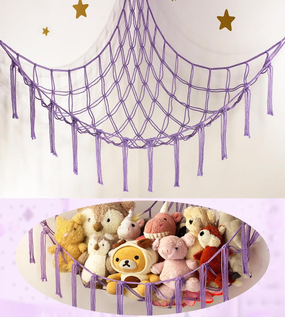 Stuffed Animal Storage Hammock or Net - Toy Hammock Net for Stuffed Animals Corner - Hanging Stuff Animal Organizer Holder Ideas for Plush Plushie - Purple Kids Baby Nursery Wall Bedroom Room Decor (Large)