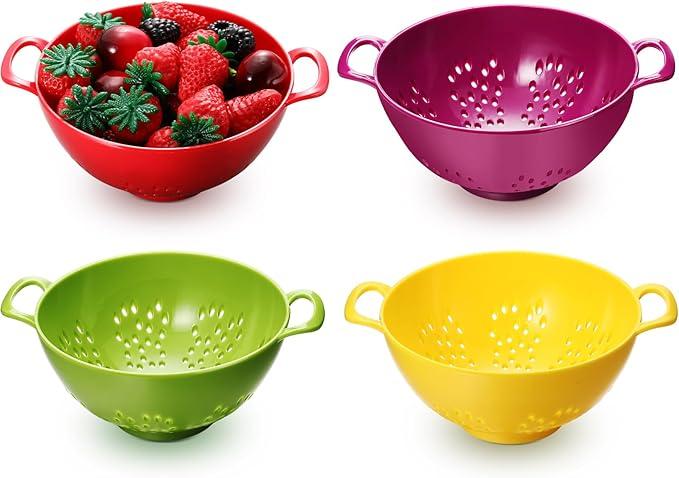 Baderke 4 Pack Mini Colander for Kitchen Plastic Berry Strainer with Double Handles 7.5 x 6 x 3 Inch Small Colander Strainer for Fruits Vegetables Food(Green, Red, Blue, Lemon Yellow)