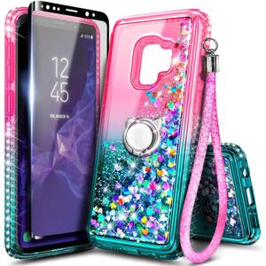 NGB Designed for Samsung Galaxy S9 Phone Case, Pink/Aqua | Glitter Liquid Sparkle Cute Cover for Women Girls Kids | with Screen Protector & Ring Holder & Wrist Strap Lanyard