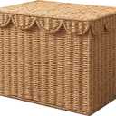 Scalloped Woven Storage Basket with Lid, Foldable, Large