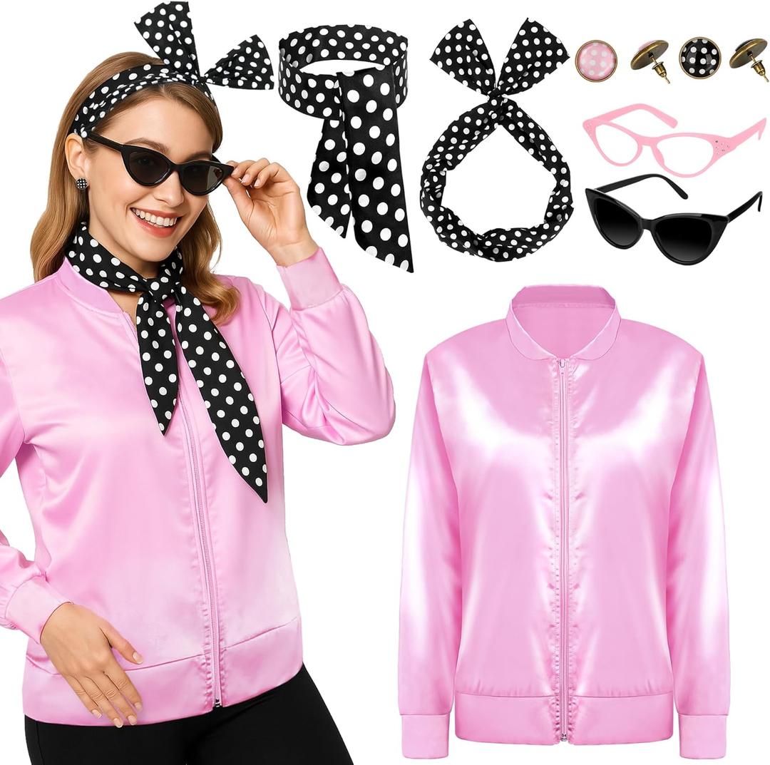 VLUV Pink Halloween Costumes Set, Women's Halloween Retro Satin Jacket Set with Scarf Headbands Glasses Accessories (Pink, XL)
