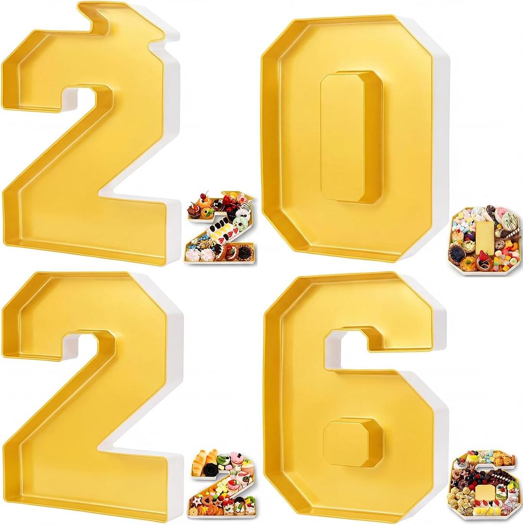 Tellingyou 4 Pcs 13.7" 2026 Charcuterie Numbers Fillable Graduation Disposable Mache Box Chocolate Candy Tray Grad Container Decoration(Gold,2026)