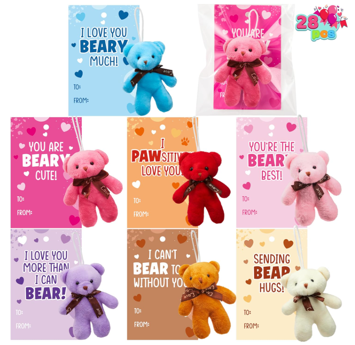 28 Pack Valentiens Day Gifts for Kids School Valentines Day Cards with Mini Bear Plush Toy Keychains, Valentines for Kids Classroom Valentines Exchange Gifts Class Valentines Party Favors for Boy Girl