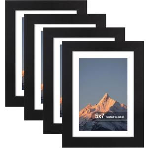 5x7 Picture Frame Set of 4, High Definition Real Glass, Display Pictures 4x6 with Mat or 5x7 Without Mat, Gallery Wall Hanging or Tabletop Photo Frames, Black