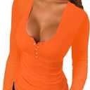 Afibi Women Long Sleeve Tops Scoop Neck Low Cut Slim Fitted Henley Shirt Ribbed Basic Tee Shirts Tops (Small, Orange)