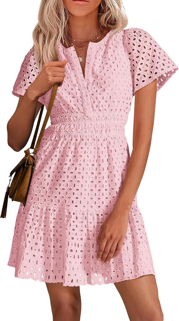 PRETTYGARDEN Women's 2024 Summer Mini Dress Short Sleeve V Neck A Line Hollow Out Lace Ruffle Cute Casual Beach Short Dresses (Pink, X-Large)