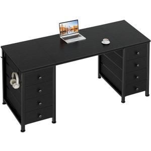 Black Gaming Desk with Fabric Drawers on Both Sides, 55 Inch Home Office Computer Study Writing Work PC Desk with 8 Storage Drawers Storage for Bedroom