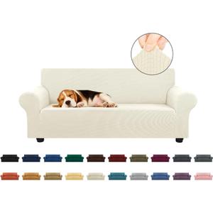 KEKUOU Stretch Loveseat Sofa Cover Slipcover,Couch Covers for 2 Cushion Couch Sofa (55"-78") Furniture Protector Sofa with Elastic Bottom for Kids,Dog. Jacquard Small Checked(Medium,Beige)