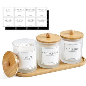 3 Pack Qtip Holder Bathroom Set with Tray,13.5oz Cotton Round Ball Pad Holder Cotton Swab Floss Pick Dispenser,Glass Apothecary Jars Canisters with Lids,Bathroom Organizers and Storage Container