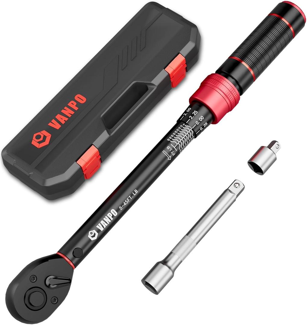 VANPO 3/8-inch Drive Click Torque Wrench, 5-45 Ft-Lb/6.8-61Nm, 3% Accuracy, Dual-Direction, 72 Tooth, Aluminum Adjustable Torque Wrench for Bike, Motorcycle, Car Spark