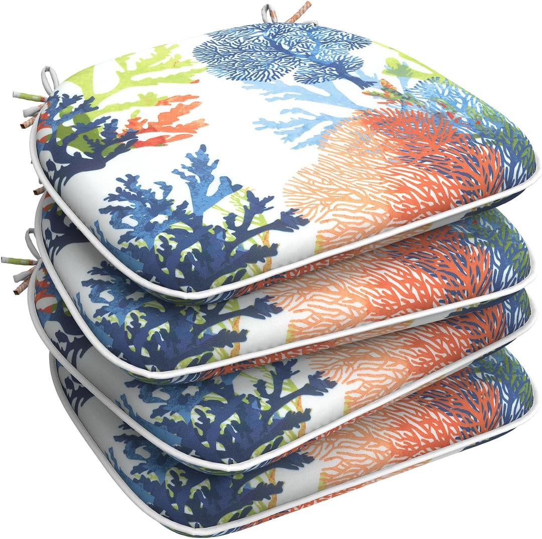 LVTXIII Set of 4 Outdoor Chair Cushions for Patio Furniture, Water Repellent Patio Chair Cushions 17"x16" with Ties, U-Shaped Dining Chair Pads for Garden Kitchen Use, Seascape Coral