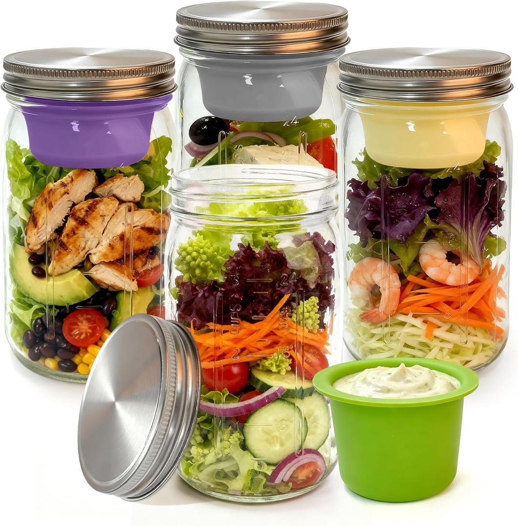 4Pack Glass Salad Jars with Lids Meal Prep,32 oz Leakproof Salad Container for Lunch with Dressing 4 Wet/Dry Cup Separation Ingredients, Storage Containers for Office Camping Picnic