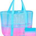 Nidoul Mesh Tote Bag with Zipper Pocket, Packable Large Beach Bags for Women Kids Vacation Travel Pool Swim