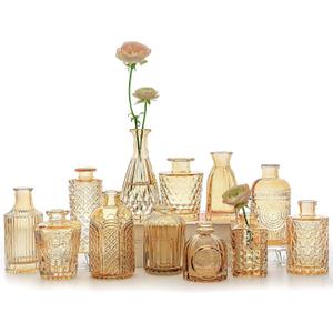 12pcs Glass Bud Vase Set, Small Gold Amber Flower Vases for Centerpieces in Bulk, Mini Vintage Vase for Wedding, Home,Table Decoration