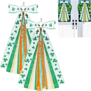 2 Pcs St Patricks Day Clover Ribbon Bow for Wreath Large Clover Wreaths Ribbon Bundle Assorted Sash for Wreaths for Irish Party Front Door Indoor Outdoor Decoration