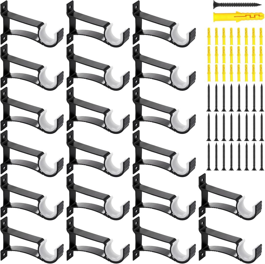 20 Pcs Curtain Rod Bracket, Heavy Duty Curtain Rods Holders for 1 to 1 1/8 Inch Diameter Curtains Rods, Single Decorative Rod Hooks Hanger, Black1