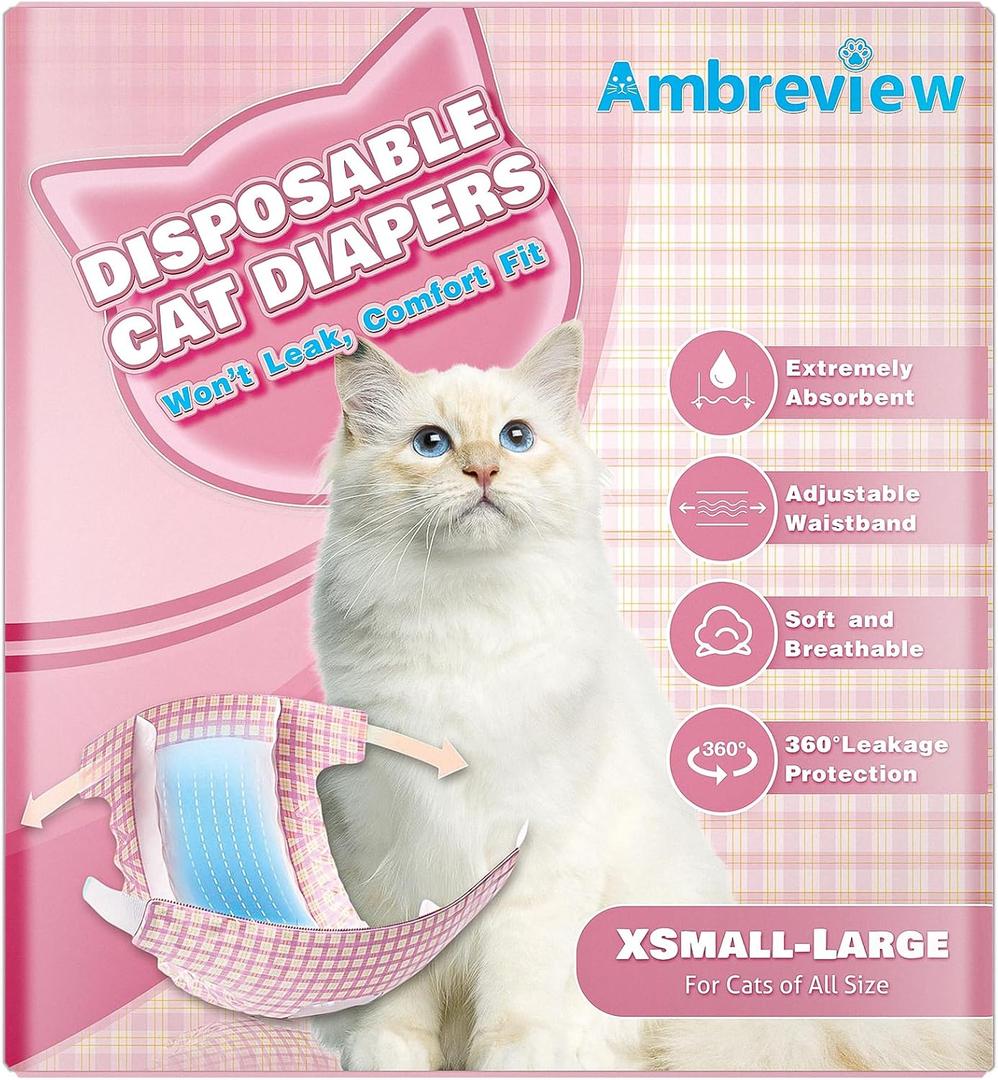 Ambreview Disposable Cat Diapers, Diapers for Female & Male Cats, 10 Count Size M, Easy to Put on & Doesn't Fall Off with Fur-Safety Fasteners, Female Kitten Diapers for Cats Dogs