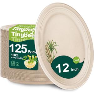 Tinybee Compostable Plates Heavy Duty 12 Inch - 125 Pack Paper Plates Eco-Friendly Large Paper Plates Microwave-Safe, Soak-Proof, Cut Resistant, Disposable Plates for Dinner BBQ Picnic Party, Natural