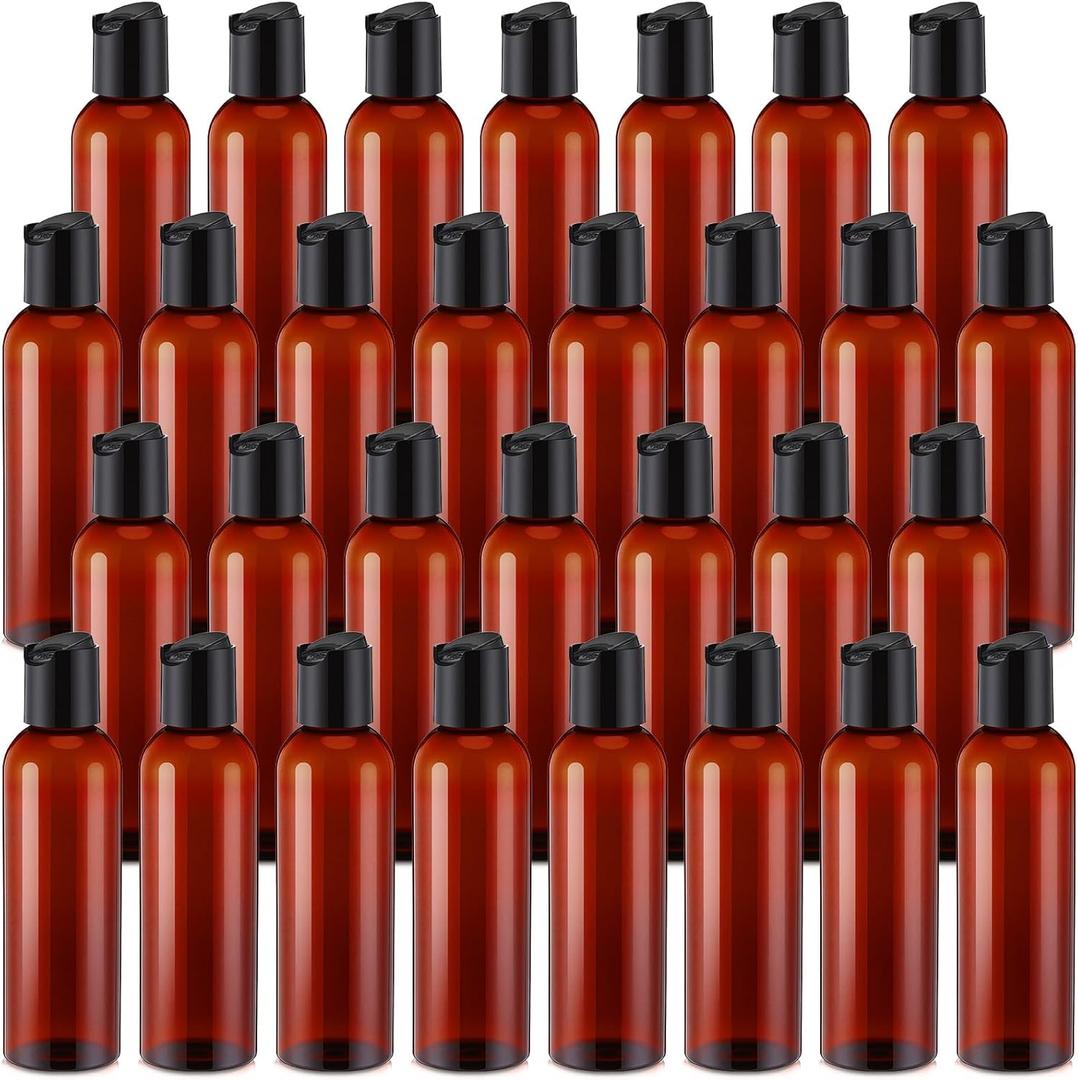 Mimorou 30 Pack Amber Empty Bottles Plastic Squeeze Bottles with Disc Top Flip Cap Small Empty Travel Squeeze Bottle for Lotions Liquid Body Soap Conditioner Creams(5.1 oz)
