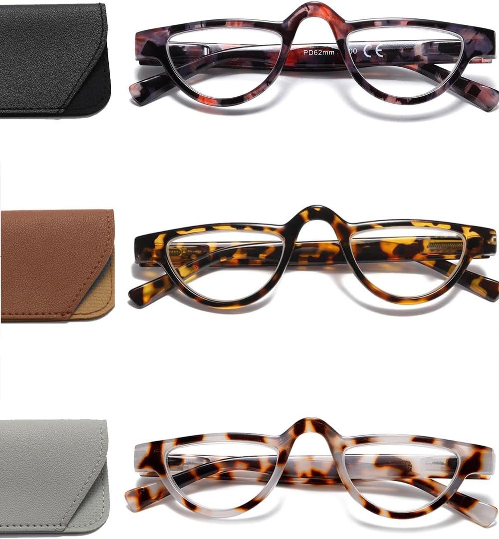 Hubeye 3 Pairs Plastic Retro Half Moon Frame Reading Glasses Lightweight Spring Hinge Women and Men Reader Broken flower/leopard print/white tortoiseshell +2.5