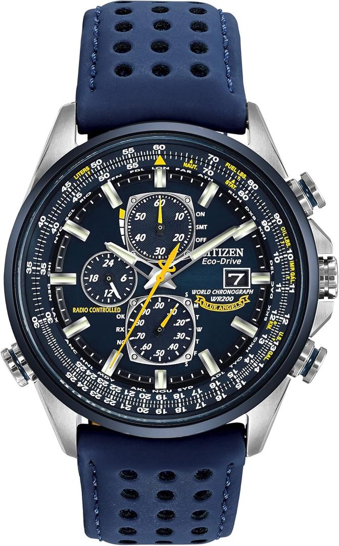 Citizen Men's Eco-Drive Sport Luxury World Chronograph Atomic Time Keeping Watch, Stainless Steel with Blue Leather Strap Coated in Polyurethane, Blue Dial (Model: AT8020-03L