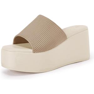 Coutgo Womens Platform Slides Sandals Square Open Toe Slip On Elastic Band Casual Lightweight Wedge Shoes (Brown)