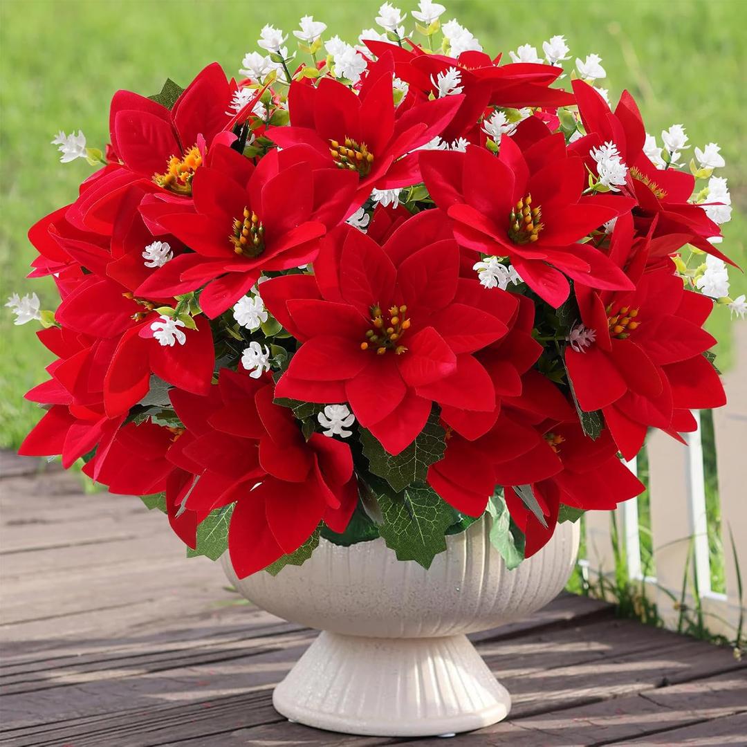 MELAJIA Artificial Flowers for Outdoors Red Christmas Poinsettia Flowers 12 Bundles Mixed Fake Plants UV Resistant Faux Flowers for Outdoor Planters Garden Porch Patio Home Winter Decor
