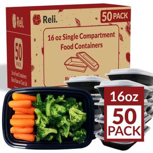 Reli. Meal Prep Containers, 16 oz. | 50 Pack | 1 Compartment Food Container w/Lids | Microwavable Food Storage Containers/To Go | Black Reusable Bento Box/Lunch Box for Meal Prep