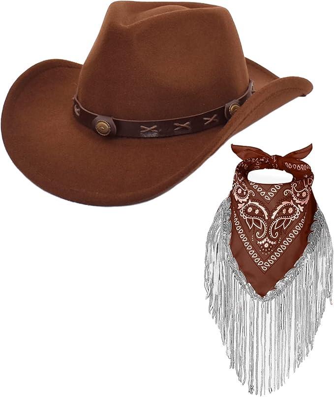 Cowboy Hat with Fringed Bandana Set for Women Wide Brim Western Cowgirl Hat Paisley Head Wrap Scarf