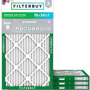 Filterbuy 16x30x1 Air Filter MERV 8 Essential Dust & Allergy Defense (4-Pack), Electrostatic Pleated HVAC AC Furnace Filters Replacement (Actual Size: 15.75 x 29.75 x 0.75)