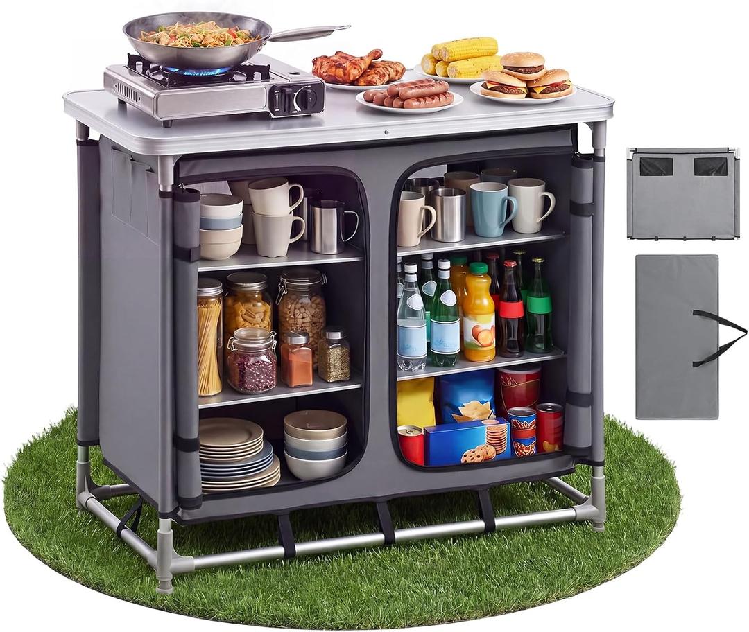 VEVOR Camping Storage Cabinet, Outdoor Portable Aluminum Lightweight Table, Quick Set-up Compact Kitchen Cook Station, with 6 Shelves and Carry Bag, for Picnic, BBQ, Party, Camping, RV Traveling, 37.8 x 18.9 x 31.1 inch
