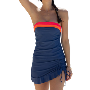 Beachsissi Bandeau Swimsuits for Women Strapless Swimwear Bathing Suits Tummy Control Color Block Tankini Skirt Sets M