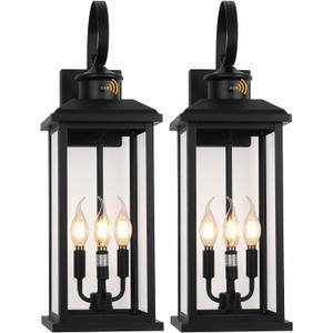 24" Dusk to Dawn Outdoor Wall Light Fixture 2 Pack-Black Extra Large Modern Porch Lantern 3-Light, Waterproof Exterior Lighting Sconce Wall Mount, Outside Lamp for Entryway Garage Coach E12 Base